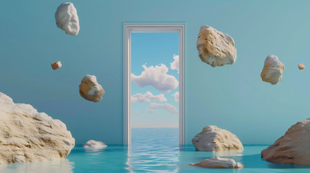 This surreal digital artwork features floating rocks surrounding a portal that frames a serene ocean view under a clear sky, blending elements of reality and fantasy.の素材