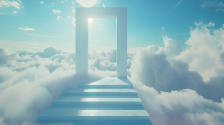 gateway, clouds, sky, blue, peace, transcendence, serene, conceptual, artwork, heaven, spiritual, dream, surreal, calm, ethereal, infinite, light, bright, airy, fluffy, soft, vast, limitless, escape, freedom, doorway, entrance, passage, otherworldly, floating, high, above, optimistic, future, vision, opening, hope, purity, tranquil, horizon, imagination, fantasy, inspiration, journeyの素材