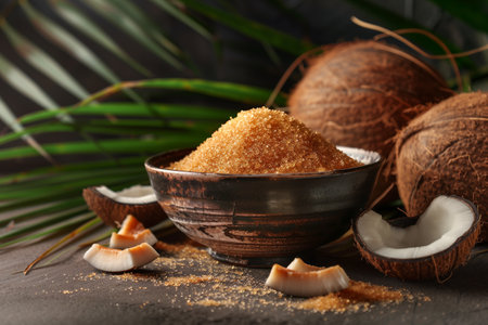 Brown coconut sugar in a wooden bowl surrounded by fresh coconuts and palm leaves, capturing a tropical essence.の素材