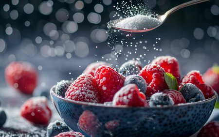 Close-up of fresh mixed berries with a sprinkling of sugar in a blue bowl, capturing vibrant colors and healthy eating concept.の素材
