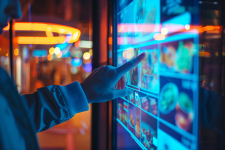 A person using a touchscreen kiosk in a sleek, modern fastcasual restaurant, displaying a customized meal order interface, Digital Art, Futuristic, Neon Blueの素材