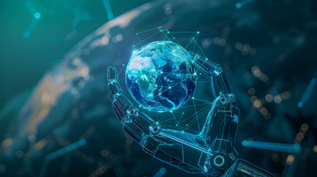 Robot hands holding a 3D globe with network lines, Futuristic, blue tones, digital illustration, AI and global connectivityの素材