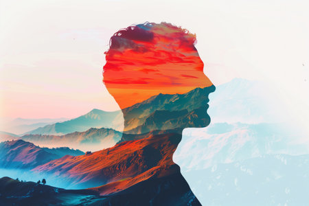 Corporate decisionmaking, nature merge, copy space, colorful hues, double exposure silhouette with valleysの素材