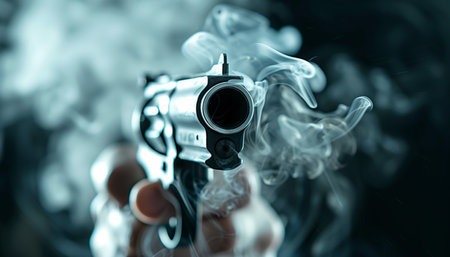 Close-up view of a handgun with smoke around the barrel, emphasizing its power and intensity in a dramatic scene.の素材