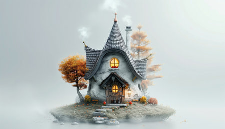 Charming fantasy cottage with a whimsical design, surrounded by autumn trees. Perfect for fairy tale illustrations or magical themes.の素材
