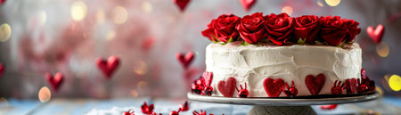 An elegant Valentines Day cake adorned with red roses and heartshaped decorations, placed on a romantic dinner table, perfect for advertising and stock photography, food photography, romantic ambiance, and celebration of love.,の素材