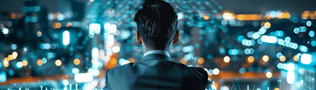 Businessman overlooking city skyline at night, vibrant city lights, urban scene, professional perspective, cityscape background.の素材