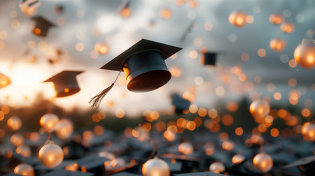 A celebratory scene of graduation caps tossed into the air at sunset, symbolizing achievement and new beginnings.の素材