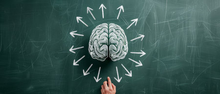 A conceptual image of a brain with arrows indicating ideas and thoughts, symbolizing creativity and intelligence.の素材