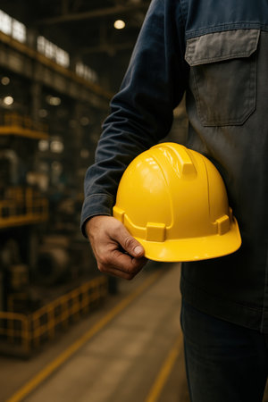 An industrial robot safety helmet worker factory uniform yellow protective equipment hand holding workplace machinery backgroundの素材