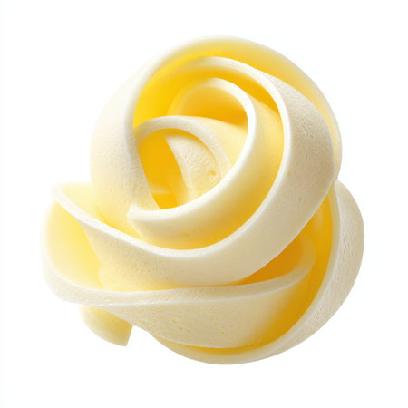 A butter curl dairy product element high detail creamy texture yellow color isolated on white background elegant food decoration close up fresh appetizing soft swirlの素材
