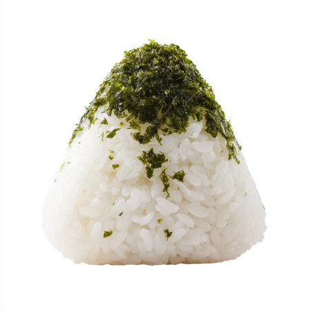 An onigiri rice ball japanese snack seaweed minimal food white isolated japanese onigiri rice ball with seaweed topping minimal style isolated white background simple and appetizing appearanceの素材