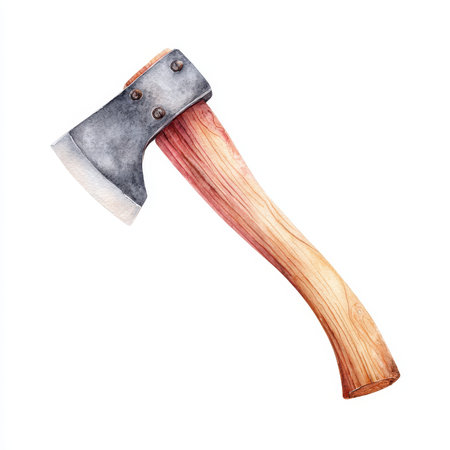 A watercolor axe with wooden handle camping gear hand tool metal blade rustic outdoor equipment survival woodwork illustration isolated on whiteの素材