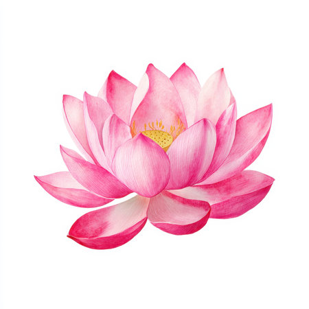 A pink lotus flower with delicate petals and yellow center, symbolizing purity and spiritual awakening, isolated on white background, watercolor style, serene and peacefulの素材