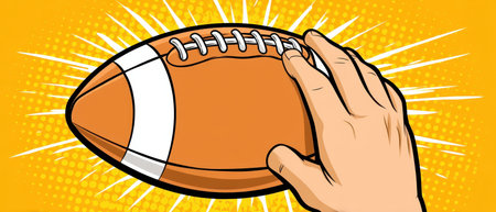 A hand football comic motion panel sport illustration grip yellow background create dynamic comic book style panel showing hand gripping football in motion with energetic yellow burstの素材