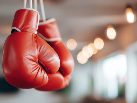 A red boxing gloves sport equipment hanging in gym with blurred background, symbolizing strength, competition, training, and athletic spirit in dynamic environmentの素材