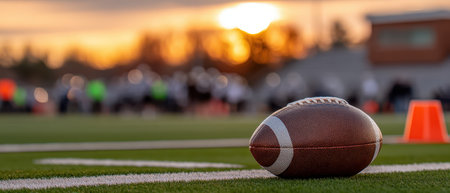 An american football sport ball resting on green field at sunset with blurred players and orange cone in background, outdoor stadium atmosphere, autumn evening gameの素材