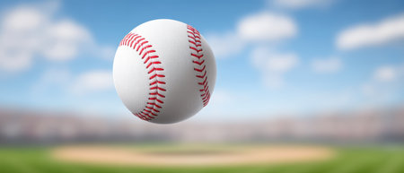 A baseball sport field stadium outdoor sky summer competition game recreation excitement. close up baseball hovers in focus with blurred stadium background evoking energy and anticipationの素材