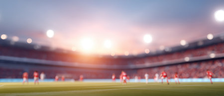 A sport stadium filled with cheering crowd and bright lights during exciting soccer match with players in action on green field at sunset creating energetic atmosphereの素材