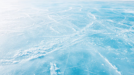 A frozen sport ice surface with visible skate marks and textured snow, perfect for winter sport activities like ice skating or hockey, showing cold, outdoor, and frosty atmosphereの素材