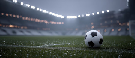 A football on wet grass under stadium lights moody cinematic atmosphere empty arena evening dramatic sport competition anticipation focus solitudeの素材