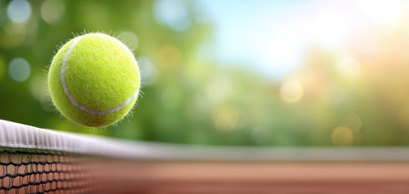 A tennis ball net outdoor green court sunlight summer sport competition motion. tennis ball bouncing over net outdoor court with sunlight and green background capturing dynamic summer sport actionの素材