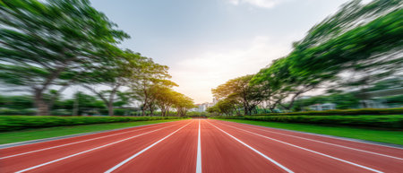 A running track sport outdoor with red surface surrounded by green tree and park under bright sky, perfect for exercise, fitness, training, and healthy lifestyle activitiesの素材