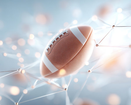 An american football sport teamwork network glowing connection technology leather ball abstract floating futuristic digital competition recreation athletic gridiron energy dynamic motion modernの素材