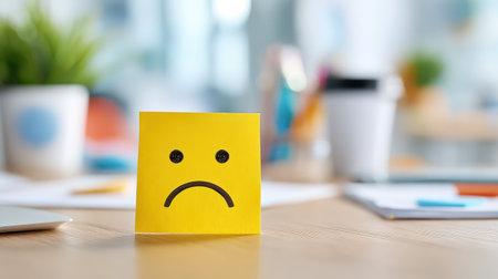A sad face sticky note on office desk with blurred background representing mental health and work stress conceptの素材