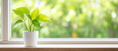 A green plant pot leaf nature home mental health work window sunlight bright fresh calmの素材