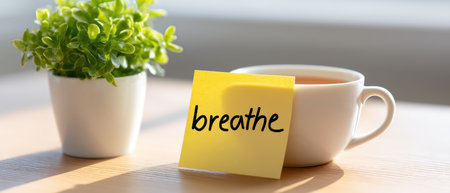 A yellow sticky note with word breathe on wooden table next to white cup of tea and green plant pot creating calm mental health work environmentの素材
