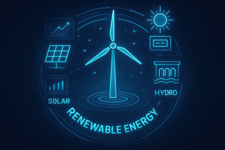 A renewable energy concept with wind turbine solar panel and hydroelectric power icons illustrating smart grid and clean energy solutions for sustainable future technologyの素材