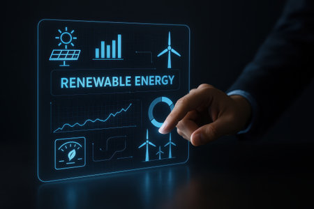 A renewable energy concept with smart grid technology and clean energy icons displayed on futuristic transparent screen with hand pointing at data chartsの素材