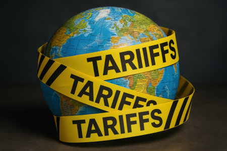 A global trade faces challenges as tariffs wrap around earth symbolizing economic barriers and restrictions impacting international markets and commerce worldwideの素材