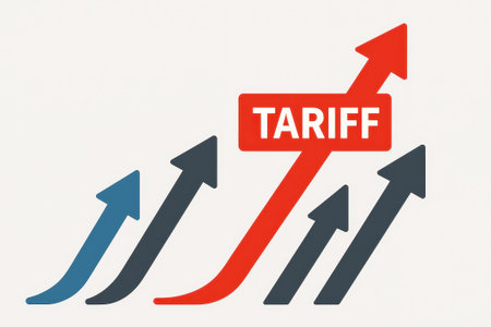 A global trade impact shown with rising tariff arrow in red among other arrows symbolizing economic growth and increasing costs in international marketの素材