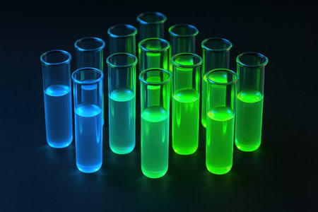A glowing test tube with blue and green liquid in dark lab setting representing healthcare innovation and biotech research for advanced scientific discovery and medical progressの素材