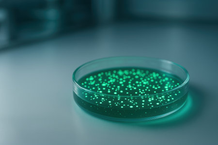 A petri dish with glowing bacterial colonies illustrates healthcare innovation in biotech research advancing medical science and laboratory technology for improved health outcomesの素材