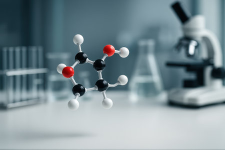 A molecular model in laboratory setting represents healthcare innovation and biotech research advancing scientific discovery and medical progress with microscope and glassware in backgroundの素材
