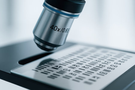 A microscope lens focusing on genetic sequence slide representing healthcare innovation in biotech research for advanced medical science and laboratory analysisの素材