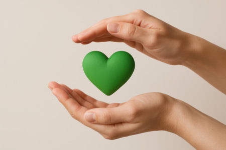 A green heart symbol held gently by two hands representing mental health awareness and care with calm neutral background conveying support and compassionの素材