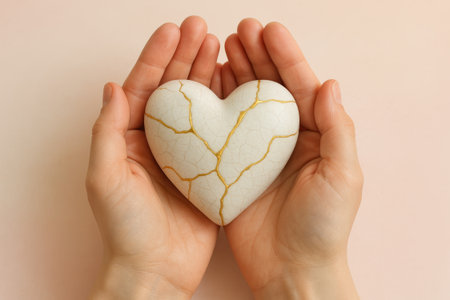 A healing heart with golden cracks held in hands symbolizes mental health awareness and emotional recovery in gentle caring conceptの素材