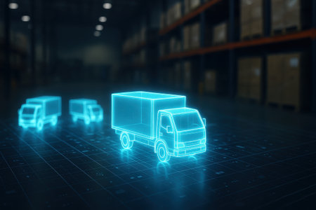 A holographic delivery truck in warehouse represents e commerce logistics and automation technology improving supply chain efficiency and transport management in modern industryの素材