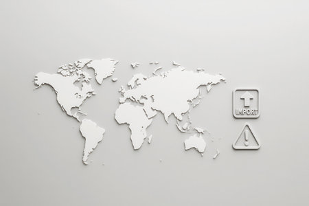 A world map with import icon and warning sign symbolizing global trade and tariffs impact on international commerce and shippingの素材