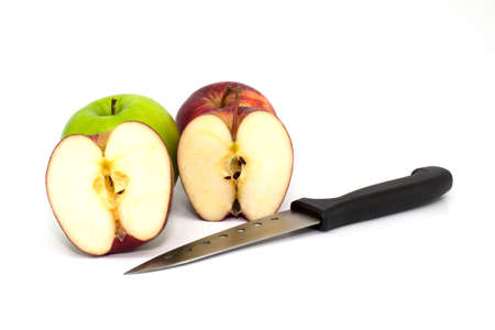 green and red apple with knife.Red apple in a half.の写真素材
