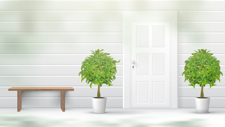 Front Door With Plants And Rest Bench. EPS10 Vectorのイラスト素材
