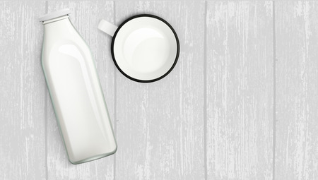 Realistic Milk Bottle And Cup On Wooden Table. EPS10 Vectorのイラスト素材