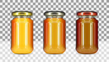 Empty Round Transparent Honey Glass Jar With Gold Screw Cap Set. EPS10 Vectorのイラスト素材
