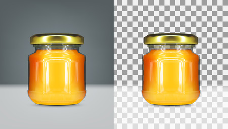 Empty Round Transparent Honey Glass Jar With Gold Screw Cap Set. EPS10 Vectorのイラスト素材