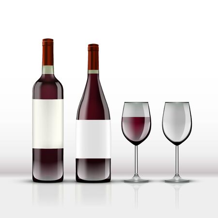 Realistic Open Red Wine Bottle With Wine Glass Isolated On Whiteのイラスト素材