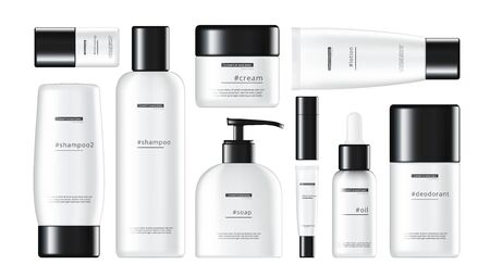 3D Daily Beauty Care Cosmetic Product Shiny Plastic Packages Setのイラスト素材